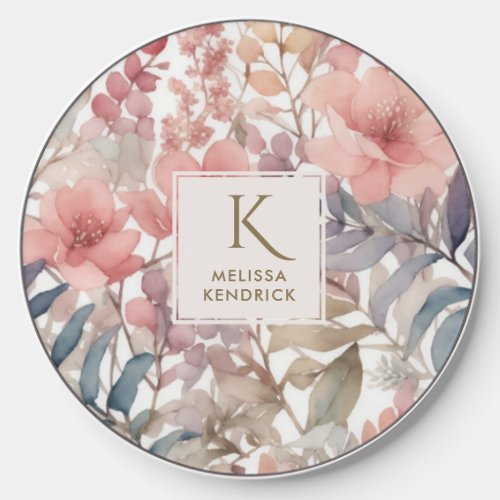 Vintage Pink Floral Watercolor Monogram Name Wireless Charger
