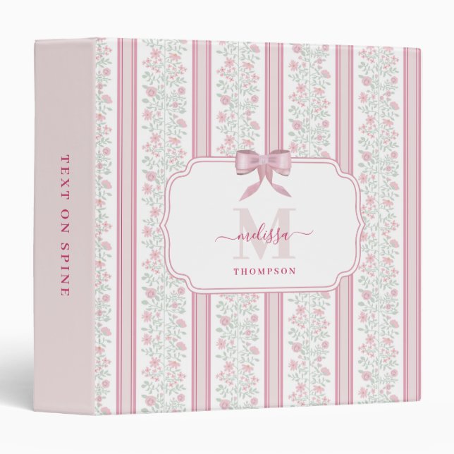 Vintage Pink Floral Wildflowers Coquette Bow 3 Ring Binder (Front/Spine)