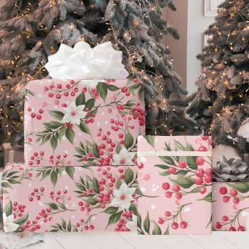 Vintage Pink Floral With Berries Wrapping Paper by VintageDawnings at Zazzle