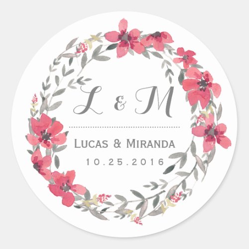 Vintage Pink Floral Wreath Wedding Favor Sticker