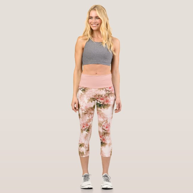 Vintage Pink Floral Yoga Exercise Capri Leggings (Front)
