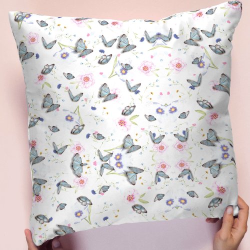 Vintage Pink flower blue butterfly Floral pattern Throw Pillow