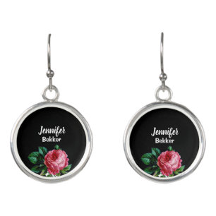 Vintage pink flower custom name black earrings