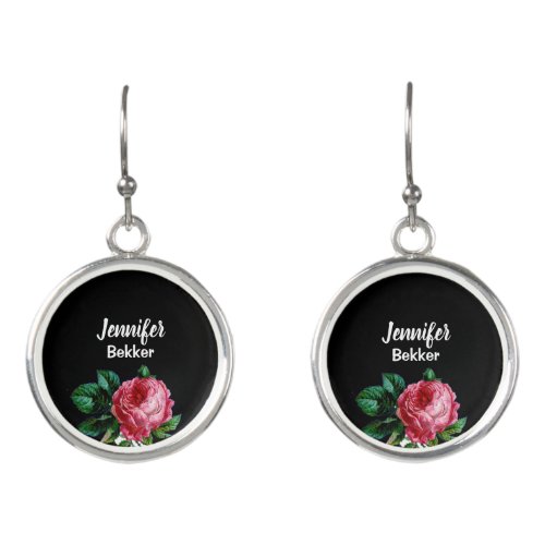 Vintage pink flower custom name black earrings
