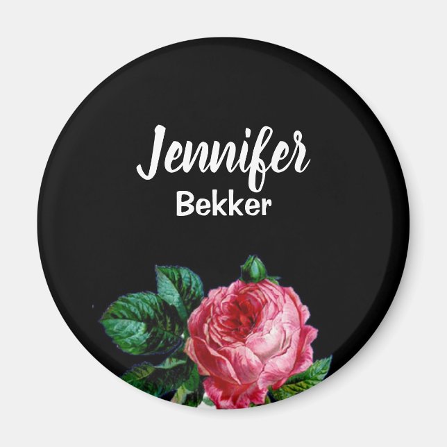Vintage pink flower custom name black magnet (Front)