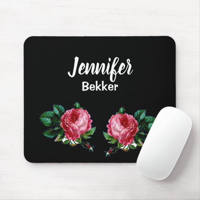 Vintage pink flower custom name black mouse pad (With Mouse)