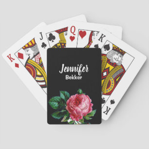 Vintage pink flower custom name black poker cards