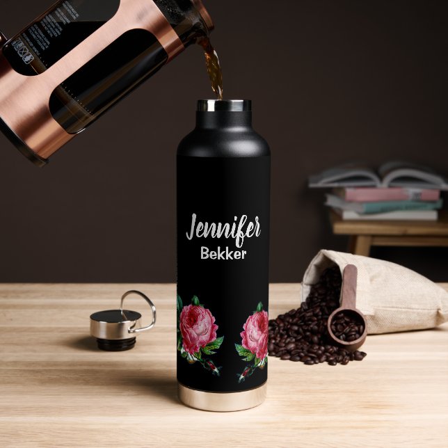 Vintage pink flower custom name black water bottle (Coffee)