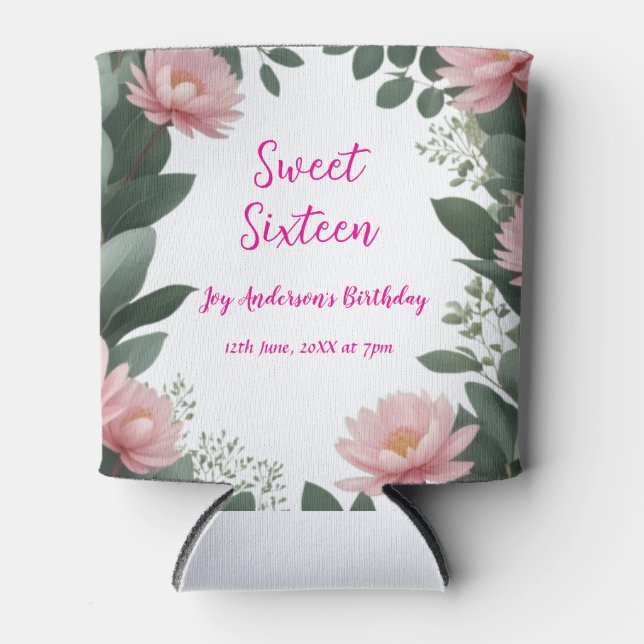 vintage pink flower green eucalyptus 16th birthday can cooler (Front)