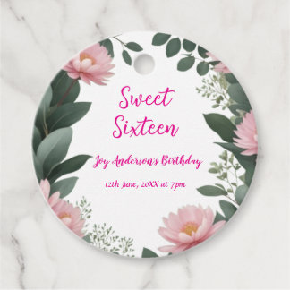 vintage pink flower green eucalyptus 16th birthday favor tags
