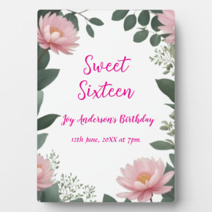 vintage pink flower green eucalyptus 16th birthday plaque