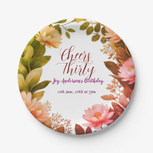 vintage pink flower green eucalyptus 30th birthday paper plates