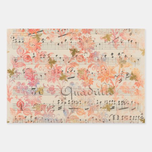 Vintage Pink Flower Music Honey Bee Wrapping Paper Sheets