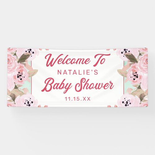 Vintage Pink Flowers Baby Girl Shower Welcome Banner