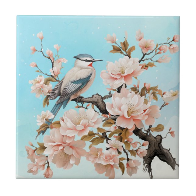 Vintage Pink Flowers & Bird Light Blue  Ceramic Tile (Front)