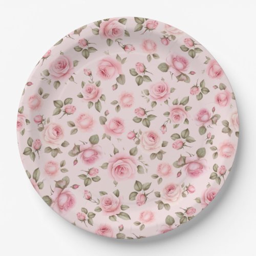 Vintage Pink Flowers Bridal Shower Paper Plates