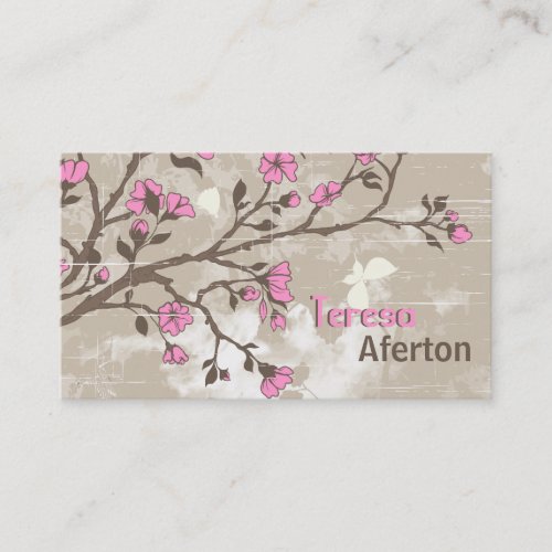Vintage pink flowers floral grunge taupe business card