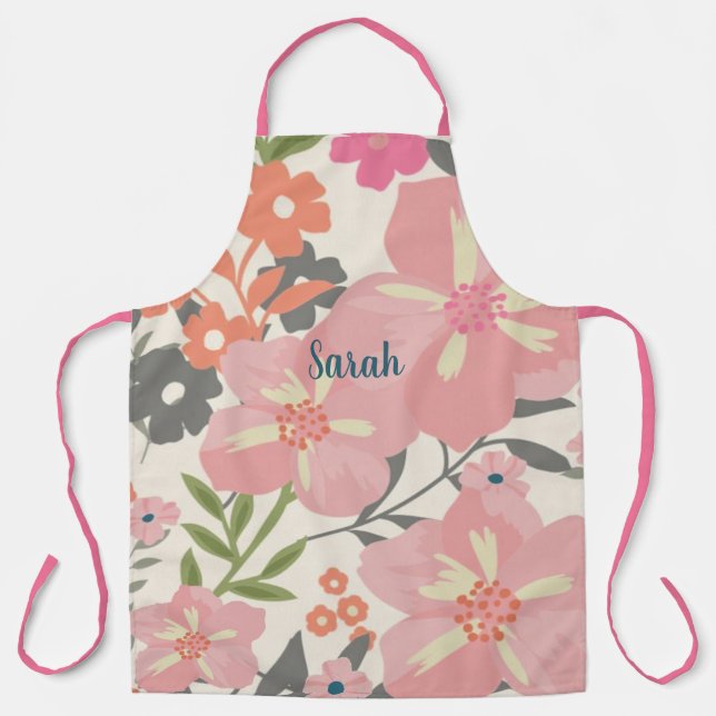 Vintage Pink Flowers Floral Pattern Apron (Front)