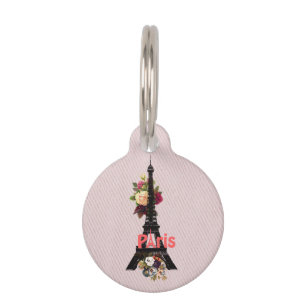 Vintage Pink Flowers French Paris Eiffel Tower Pet Tag