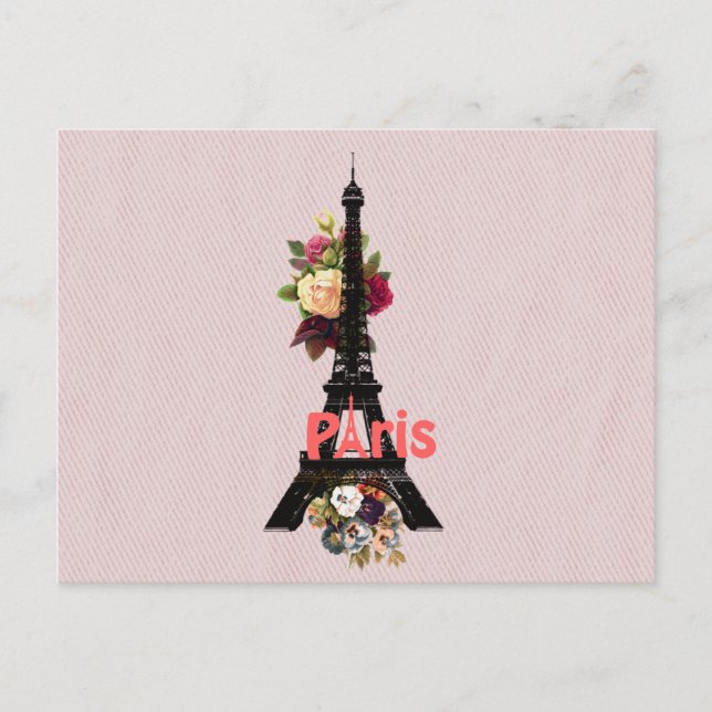 Vintage Pink Flowers French Paris Eiffel Tower Postcard (Front)