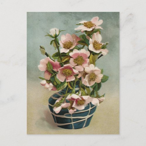Vintage Pink Flowers in Blue Vase Postcard