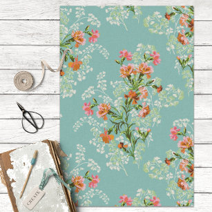 Vintage Pink Flowers on Teal Decoupage Tissue Paper