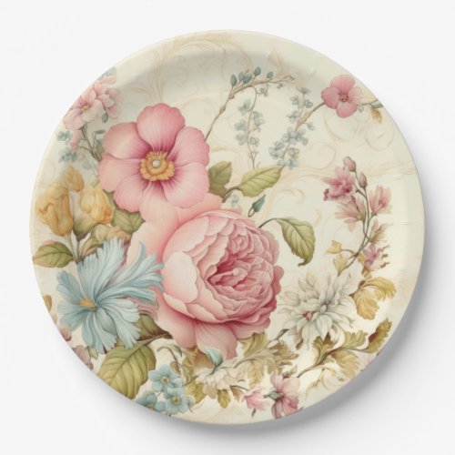 Vintage Pink Flowers Paper Plate