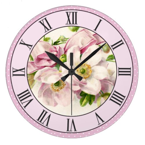 Vintage Pink Flowers Ribbon Pink Polka Dots Border Large Clock