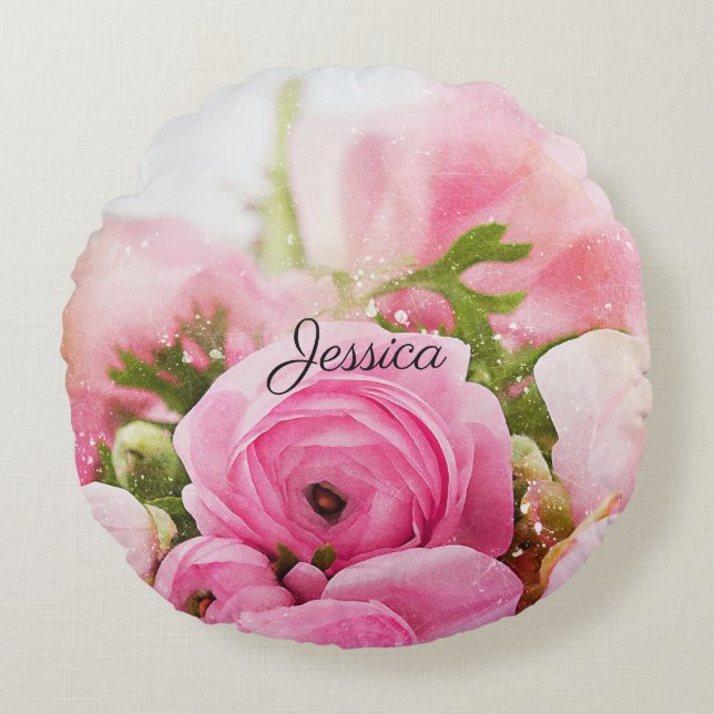Vintage Pink Flowers with Your Name Round Pillow (Front)
