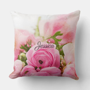 Vintage Pink Flowers with Your Name Throw Pillow