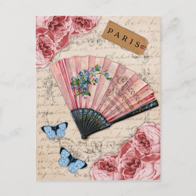 Vintage Pink French Fan Postcard (Front)