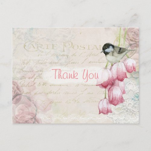 Vintage Pink French Thank You Postcard