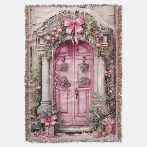 Vintage Pink Front Door Pillars Garland Bows Throw Blanket