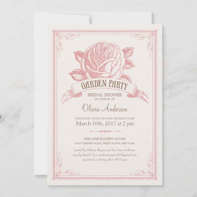 Vintage Pink Garden Party Shower Invitations (Front)