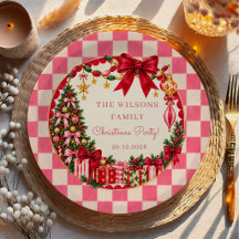 Vintage Pink Gingham Bow Christmas Party