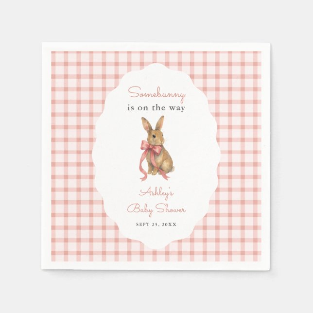 Vintage Pink Gingham Bunny Girl Baby Shower Napkins (Front)