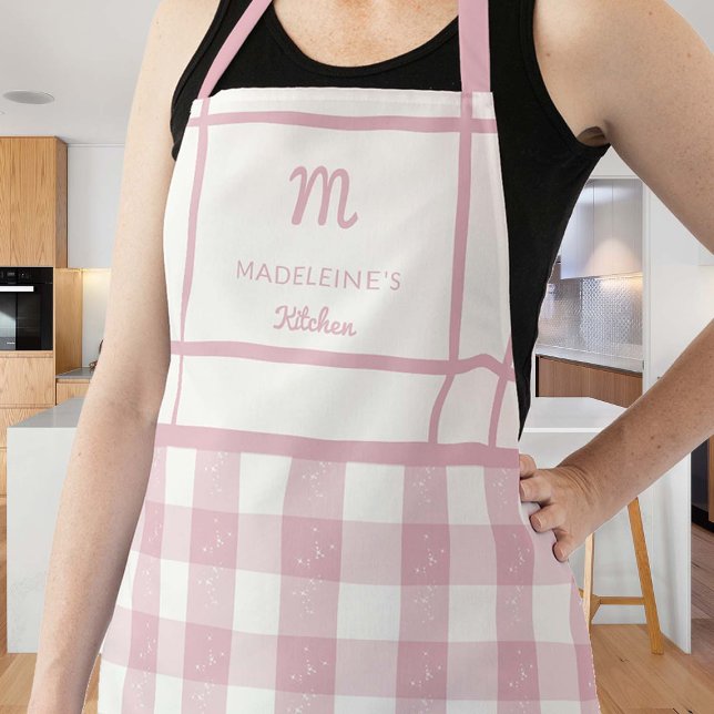 Vintage Pink Gingham Monogram Mom Grandma Gift Apron (gingham pink apron personalized gift mom grandma bride hostess thanksgiving christmas birthday chef)
