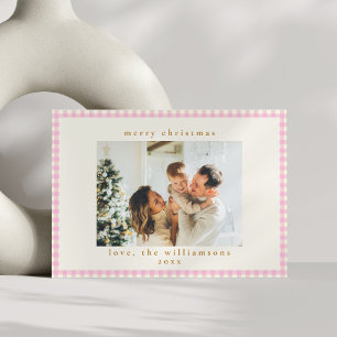 Vintage Pink Gingham Plaid Custom Photo Christmas Holiday Card