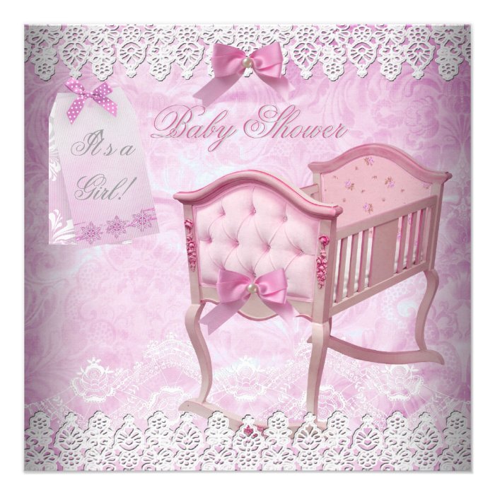 Vintage Pink Girl Baby Shower Lace Crib Invites