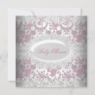 Vintage Pink Girl Baby Shower Lace Damask Invitation
