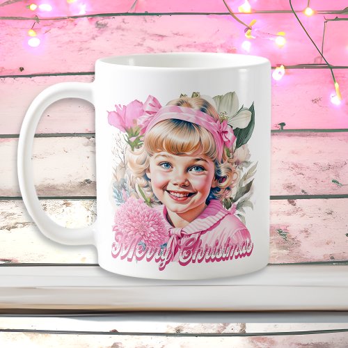 Vintage Pink Girl Floral Merry Christmas Coffee Mug