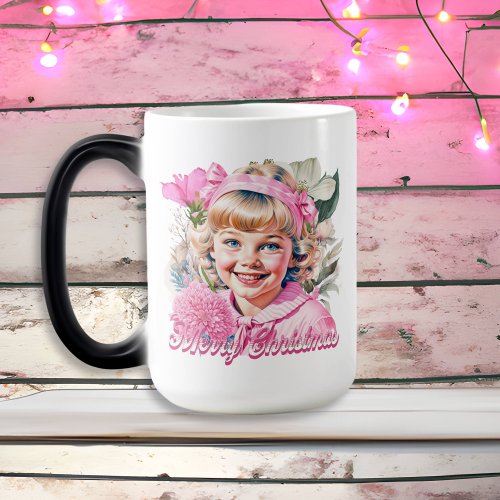 Vintage Pink Girl Floral Merry Christmas Magic Mug