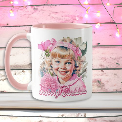 Vintage Pink Girl Floral Merry Christmas Mug