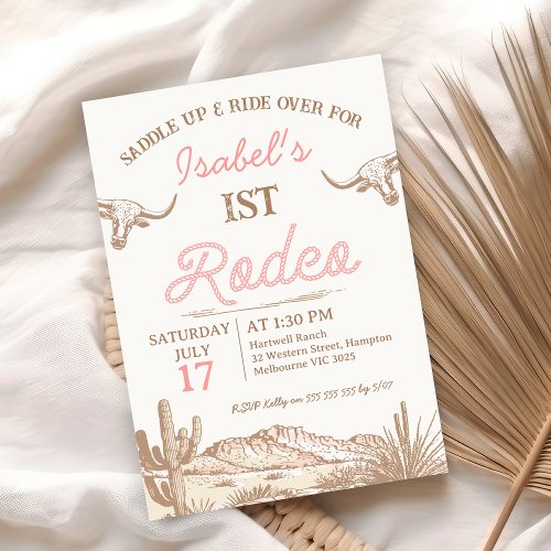 Vintage Pink Girls First Rodeo 1st Birthday Invitation