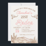 Vintage Pink Girls First Rodeo 21st Birthday Invitation<br><div class="desc">Vintage Pink Girls First Rodeo 21st Birthday Invitation

Girl's vintage twenty first birthday rodeo invitation featuring two longhorn cows,  a desert scene and rope style text.  The age is editable making this rodeo themed birthday invitation suitable for any age.</div>