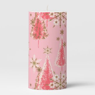 Vintage Pink & Glitter Gold Christmas Tree Pattern Pillar Candle