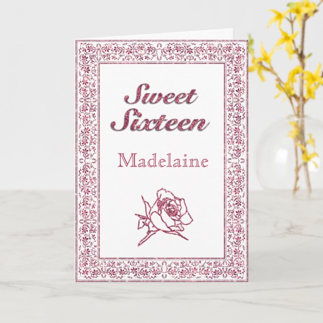 Vintage Pink Glitter Rose Sweet Sixteen Card (Yellow Flower)