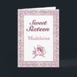 Vintage Pink Glitter Rose Sweet Sixteen Card<br><div class="desc">Wish that beautiful girl who is turning 16 the sweetest of birthdays with this elegant  vintage floral framed pink glitter rose.  Adding her nick name and personal message will make it even more special and meaningful.    Best wishes and sweet sixteen to the birthday girl.</div>