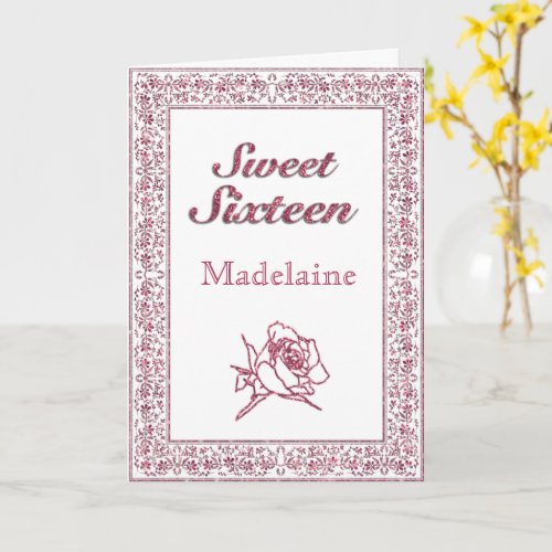 Vintage Pink Glitter Rose Sweet Sixteen Card