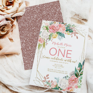 Vintage Pink Gold Floral Rose First Birthday Invitation